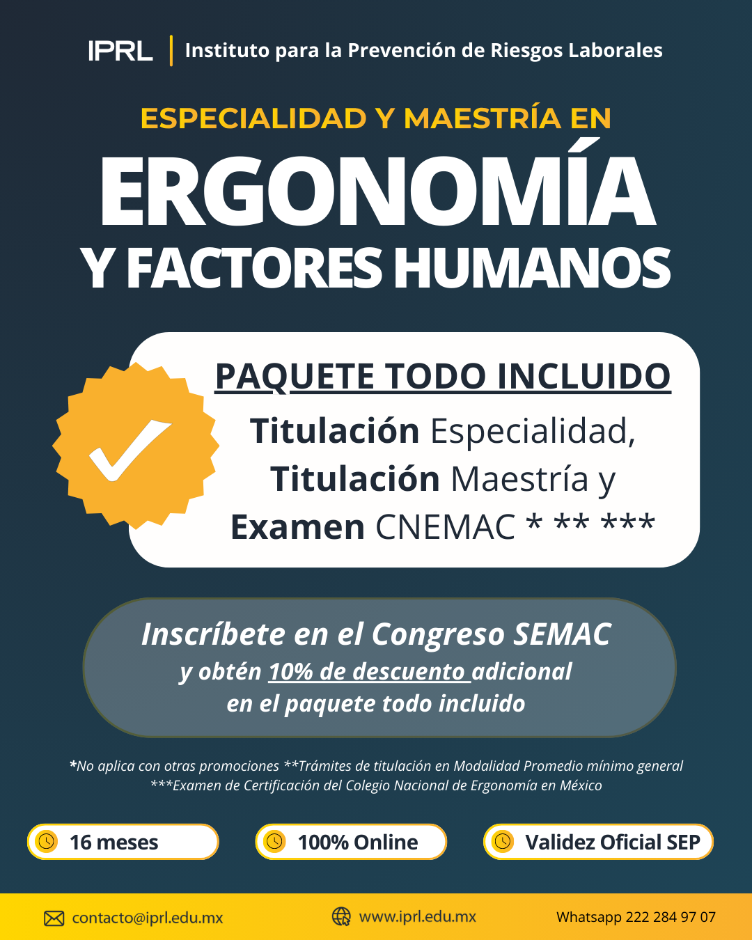 Paquete todo incluido de la Especialidad y Maestría en Ergonomía y Factores Humanos del IPRL